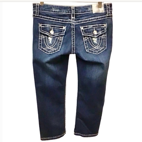 L.A. Idol 11 Cropped Capri Jeans Low Rise Embellished Flap Pockets Distressed - Picture 10 of 10